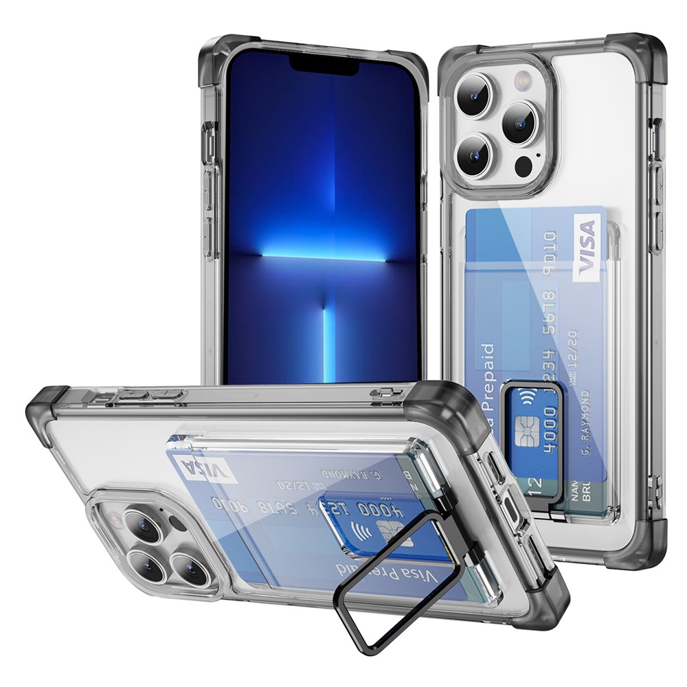 For iPhone 13 Pro Case Reinforced Corners TPU + Acrylic Phone Cover with Kickstand Card Holder - Transparent Black