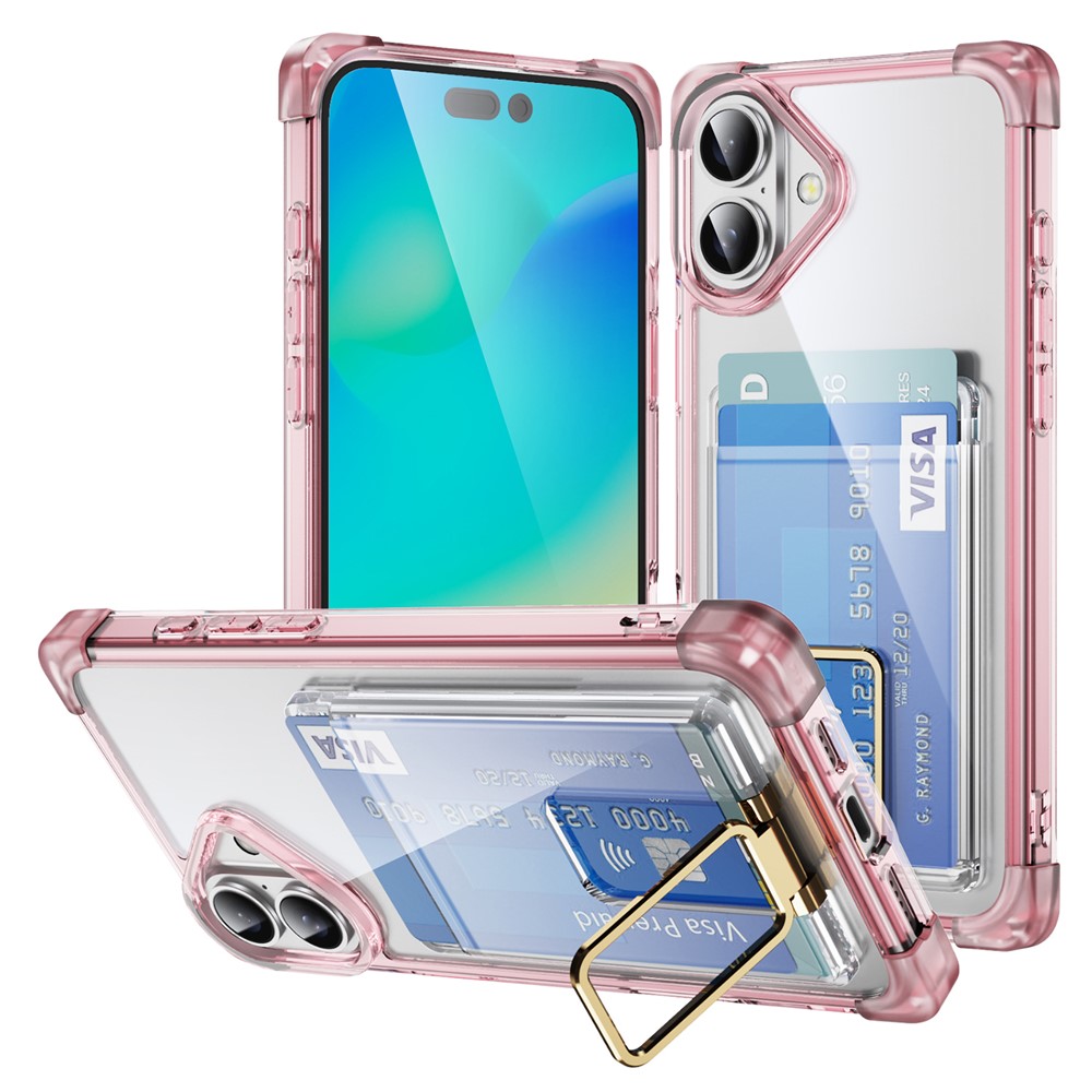 For iPhone 16 Plus Case Reinforced Corners TPU + Acrylic Phone Cover with Kickstand Card Holder - Transparent Pink