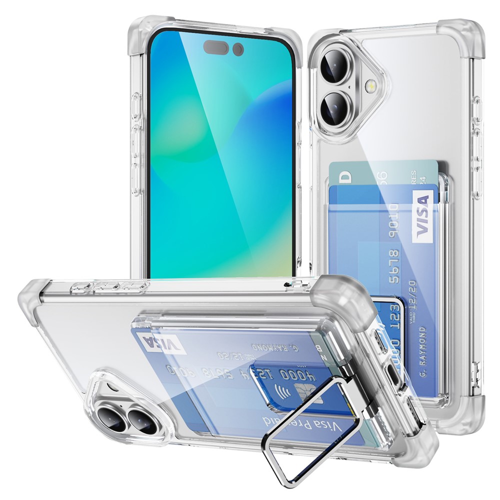 For iPhone 16 Plus Case Reinforced Corners TPU + Acrylic Phone Cover with Kickstand Card Holder - Transparent