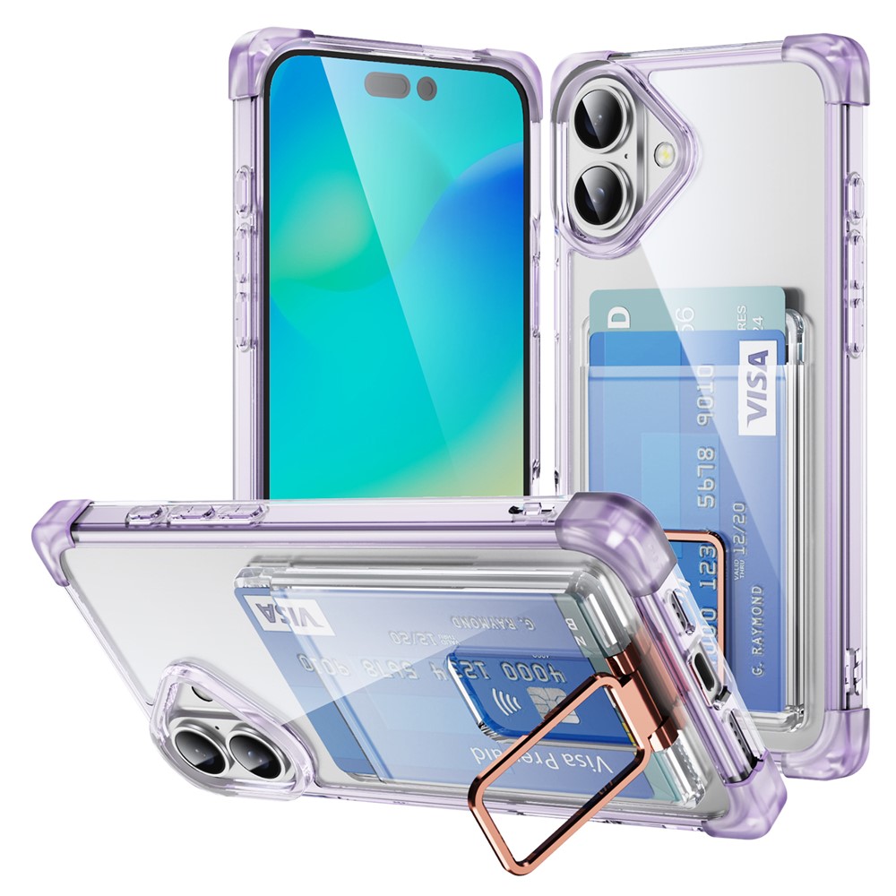 For iPhone 16 Plus Case Reinforced Corners TPU + Acrylic Phone Cover with Kickstand Card Holder - Transparent Purple