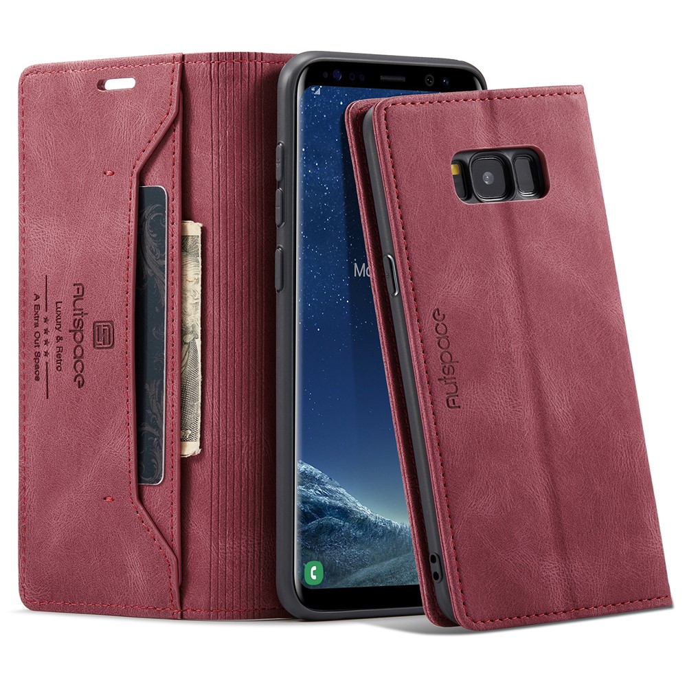 AUTSPACE For Samsung Galaxy S8+ Wallet Case  A01 Leather Stand Cover with RFID Blocking Card Holder - Red