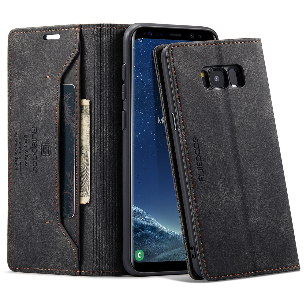 AUTSPACE For Samsung Galaxy S8+ Wallet Case A01 Leather Stand Cover with RFID Blocking Card Holder - Black