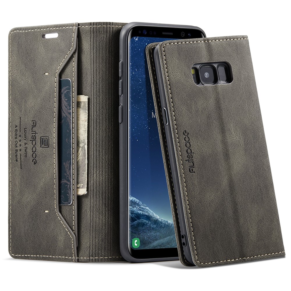 AUTSPACE For Samsung Galaxy S8+ Wallet Case  A01 Leather Stand Cover with RFID Blocking Card Holder - Coffee