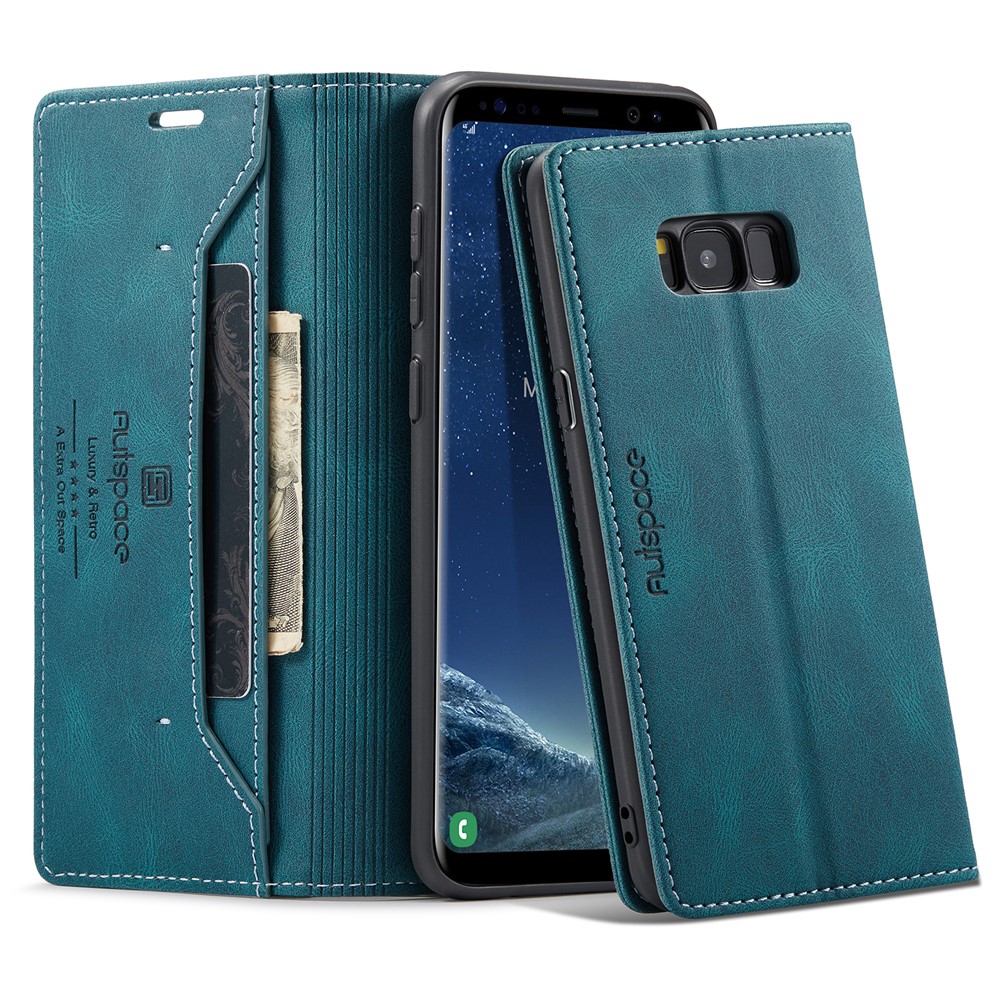 AUTSPACE For Samsung Galaxy S8+ Wallet Case  A01 Leather Stand Cover with RFID Blocking Card Holder - Blue