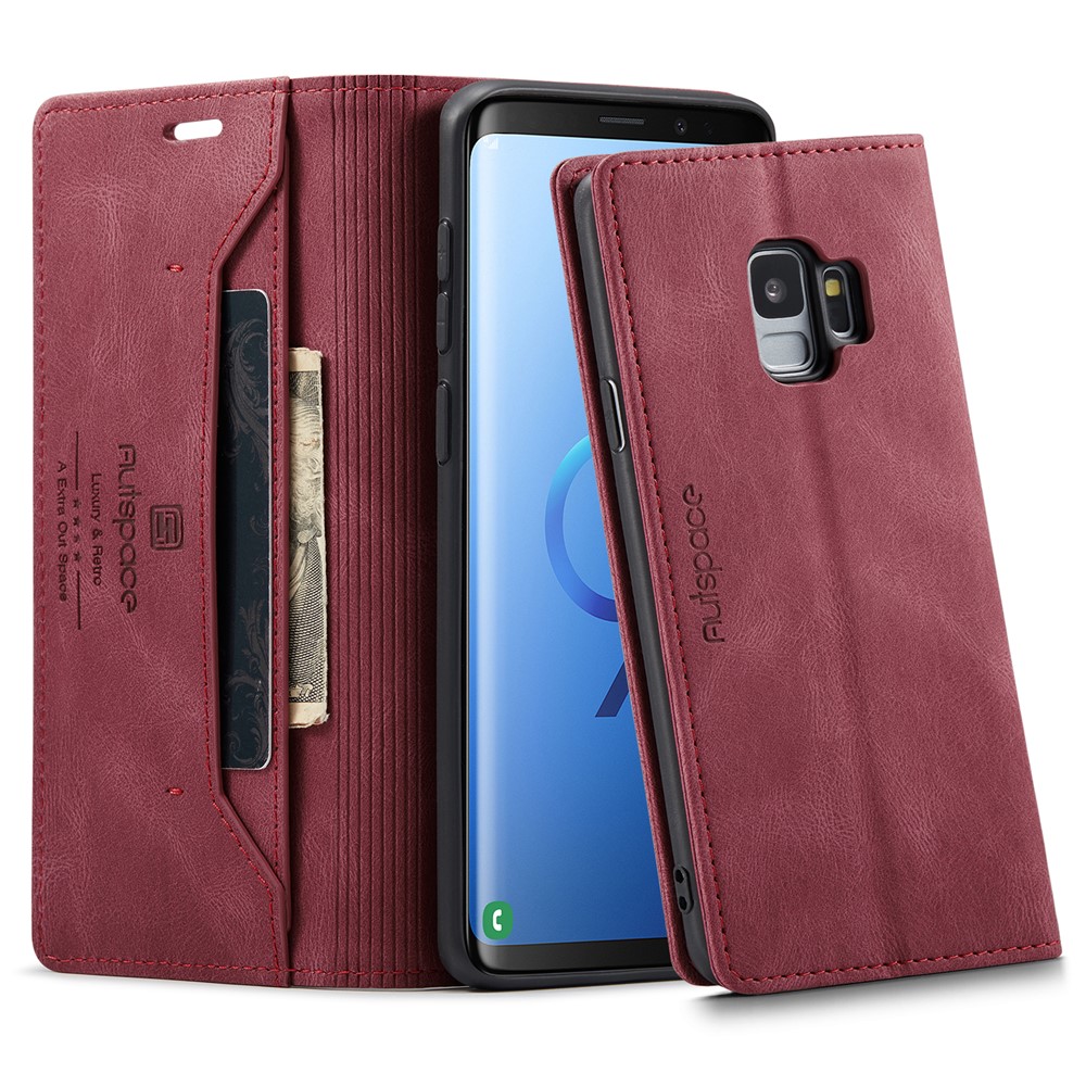 AUTSPACE For Samsung Galaxy S9 Wallet Case  A01 Leather Stand Cover with RFID Blocking Card Holder - Red