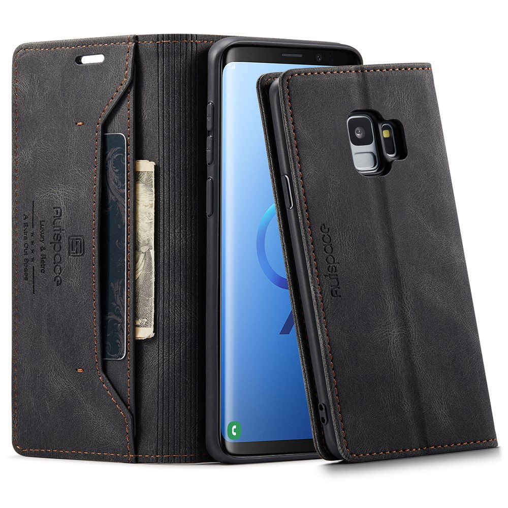 AUTSPACE For Samsung Galaxy S9 Wallet Case  A01 Leather Stand Cover with RFID Blocking Card Holder - Black
