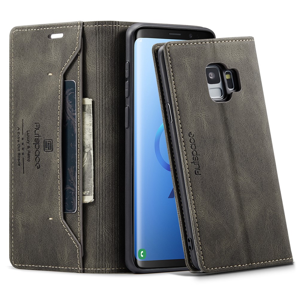 AUTSPACE For Samsung Galaxy S9 Wallet Case  A01 Leather Stand Cover with RFID Blocking Card Holder - Coffee
