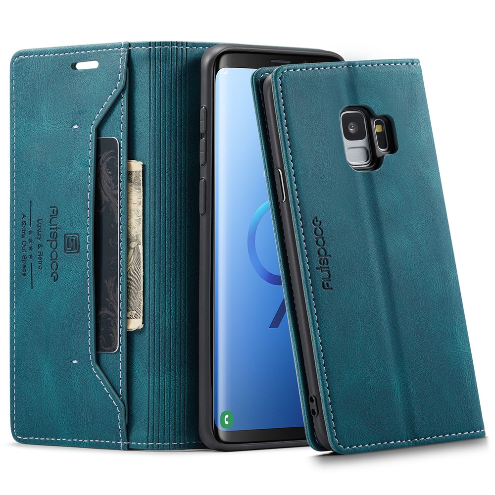 AUTSPACE For Samsung Galaxy S9 Wallet Case A01 Leather Stand Cover with RFID Blocking Card Holder - Blue