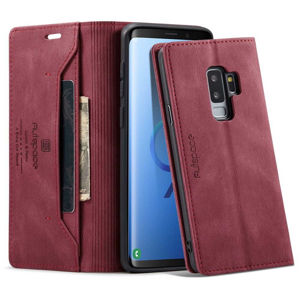 AUTSPACE For Samsung Galaxy S9+ Wallet Case  A01 Leather Stand Cover with RFID Blocking Card Holder - Red