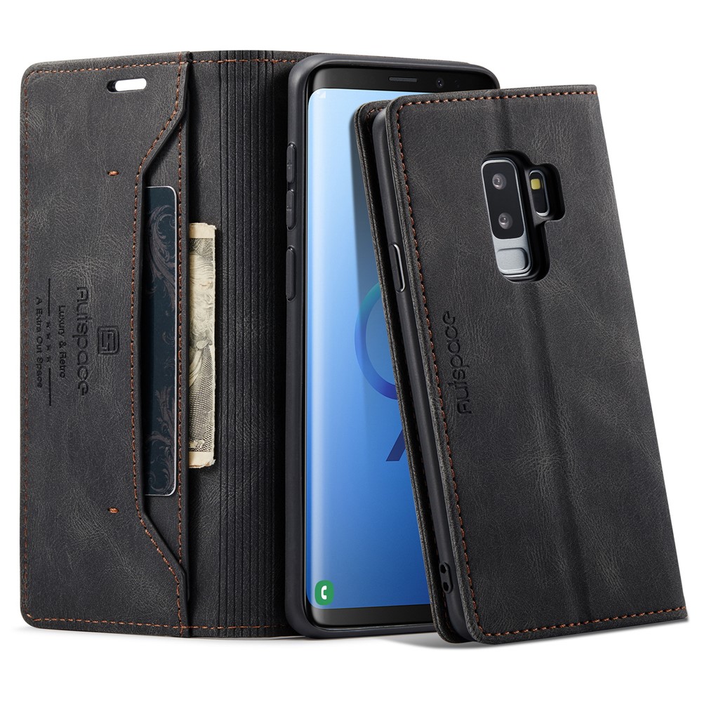 AUTSPACE For Samsung Galaxy S9+ Wallet Case  A01 Leather Stand Cover with RFID Blocking Card Holder - Black