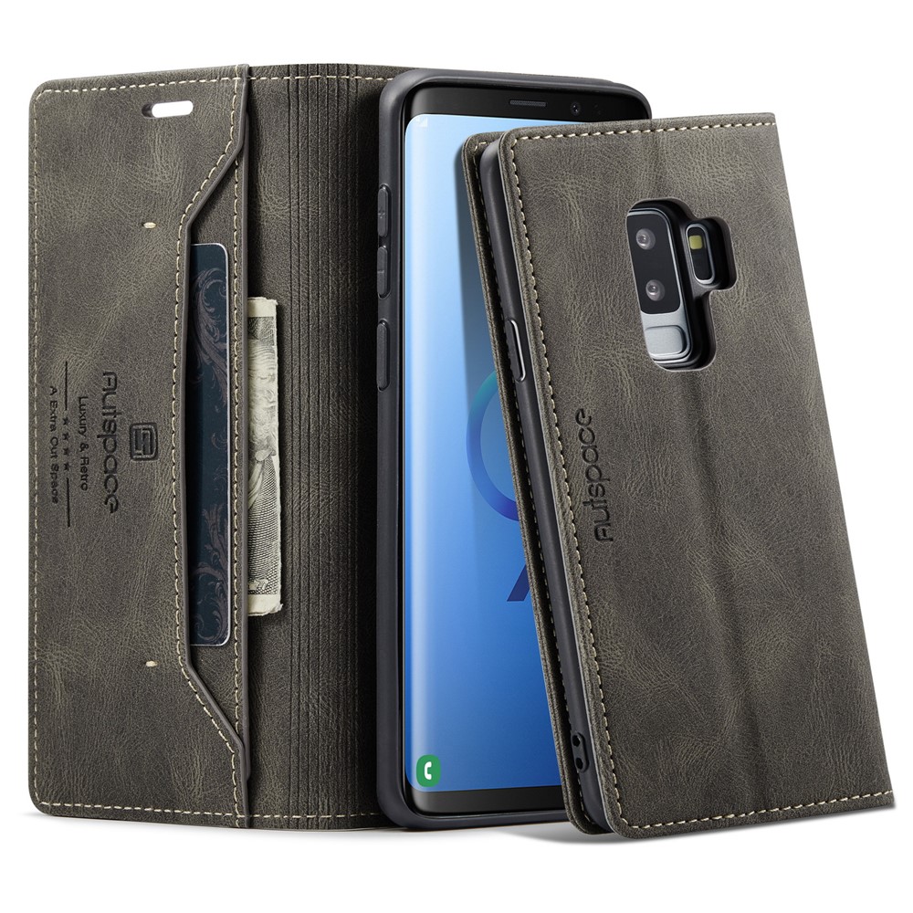 AUTSPACE For Samsung Galaxy S9+ Wallet Case  A01 Leather Stand Cover with RFID Blocking Card Holder - Coffee