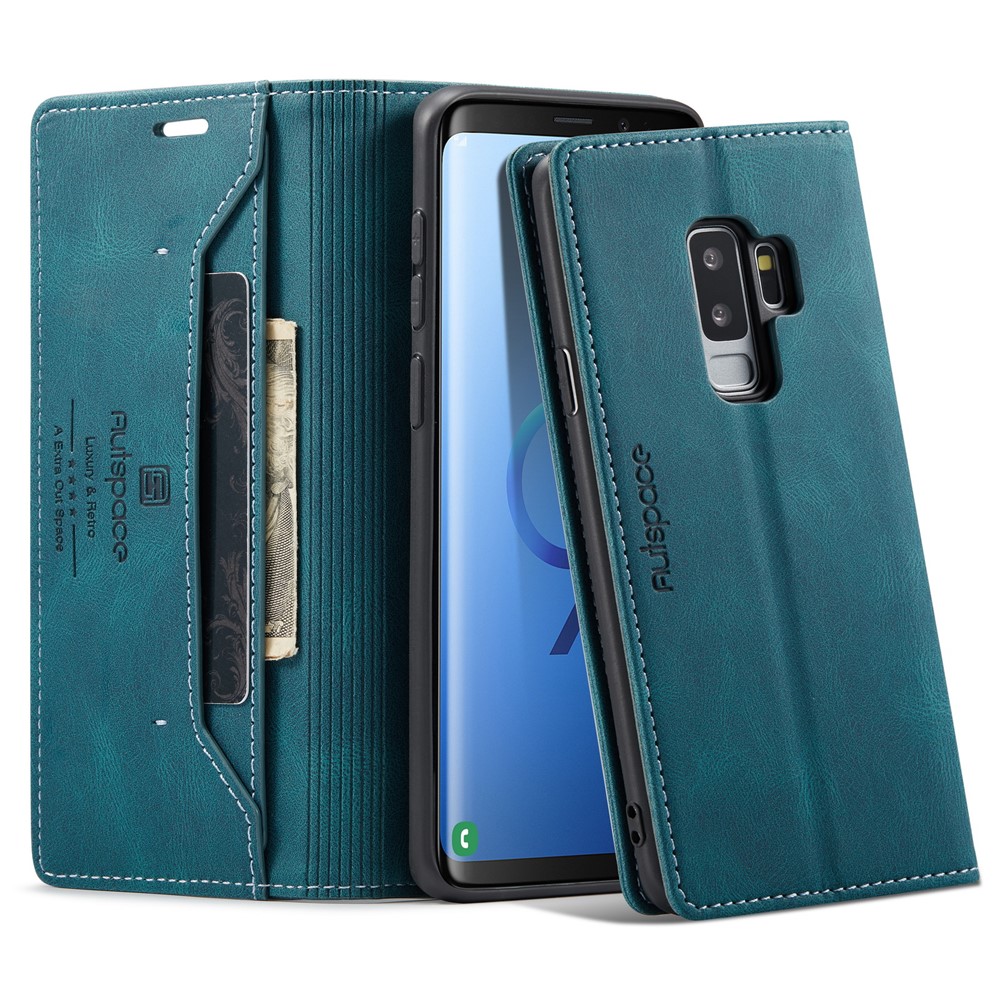 AUTSPACE For Samsung Galaxy S9+ Wallet Case  A01 Leather Stand Cover with RFID Blocking Card Holder - Blue