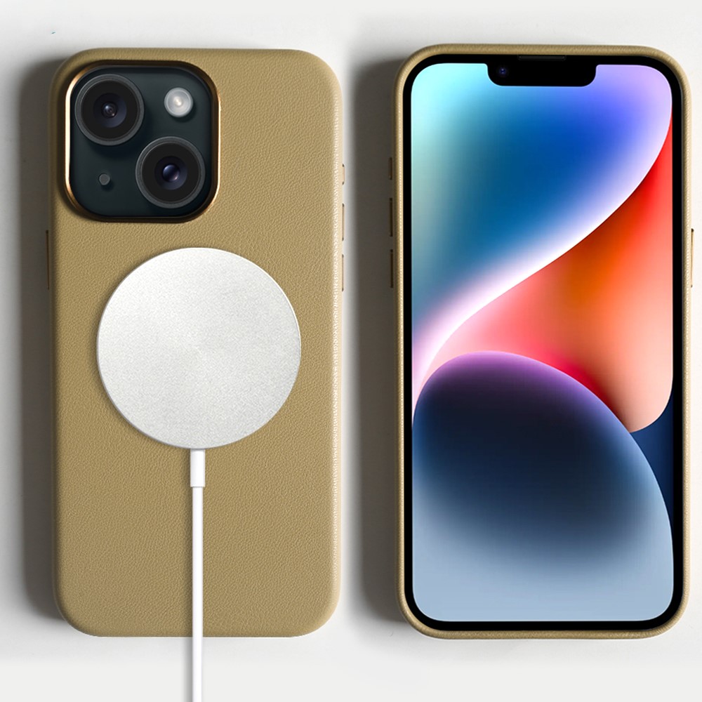 For iPhone 14 Magnetic Case Eco-Friendly RPET Leather Phone Back Cover GRS Certified - Light Khaki
