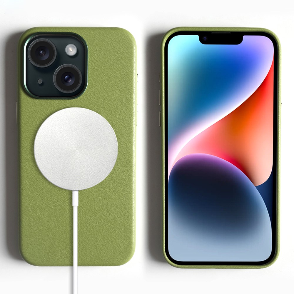 For iPhone 14 Magnetic Case Eco-Friendly RPET Leather Phone Back Cover GRS Certified - Light Green