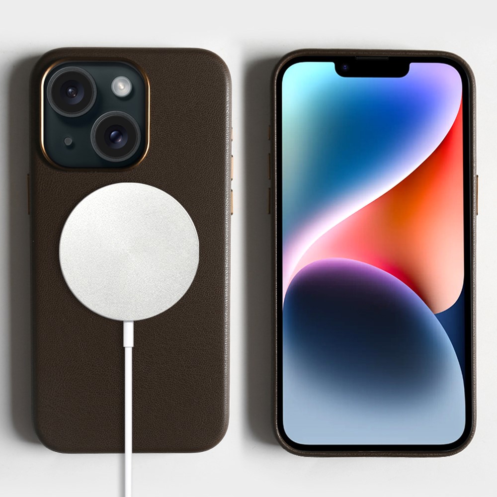 For iPhone 14 Magnetic Case Eco-Friendly RPET Leather Phone Back Cover GRS Certified - Dark Brown