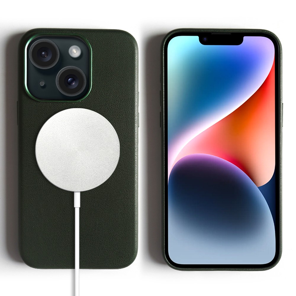 For iPhone 14 Magnetic Case Eco-Friendly RPET Leather Phone Back Cover GRS Certified - Blackish Green