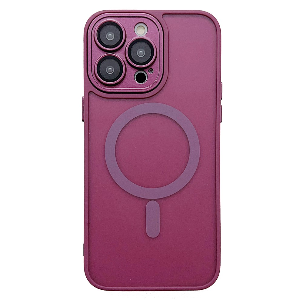 For iPhone 15 Pro Max Magnetic Case with Lens Film  /  Detachable Lens Frame Hybrid Phone Back Cover - Wine Red