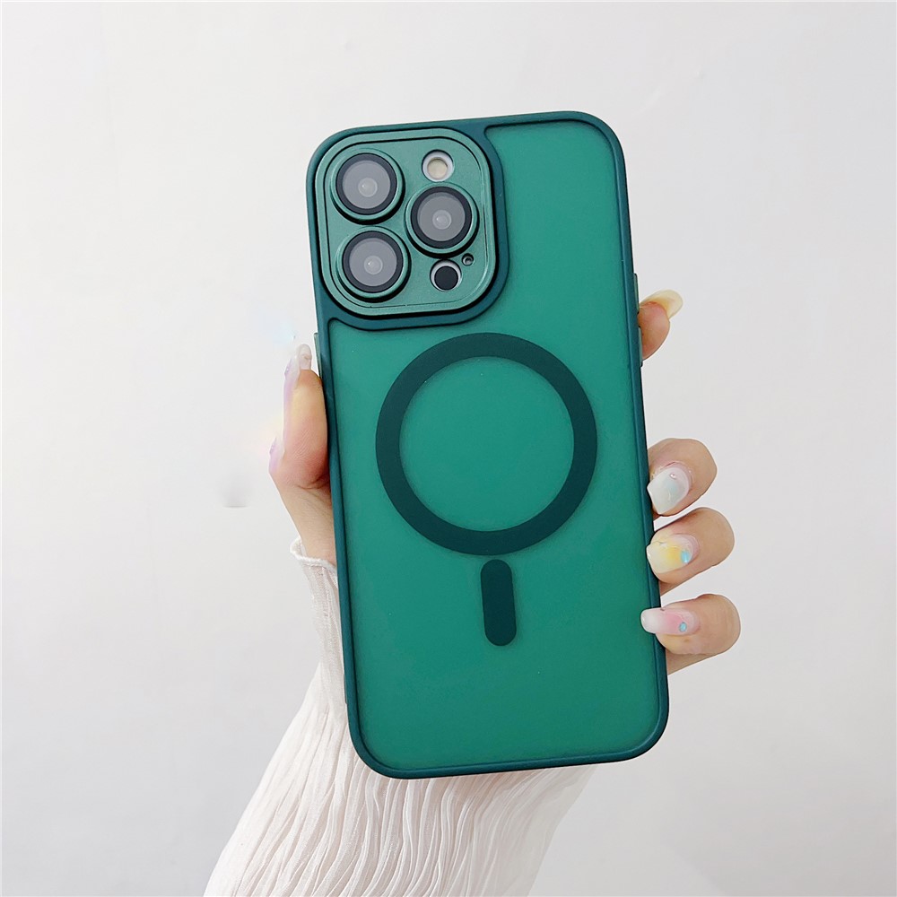 For iPhone 15 Pro Max Magnetic Case with Lens Film  /  Detachable Lens Frame Hybrid Phone Back Cover - Midnight Green