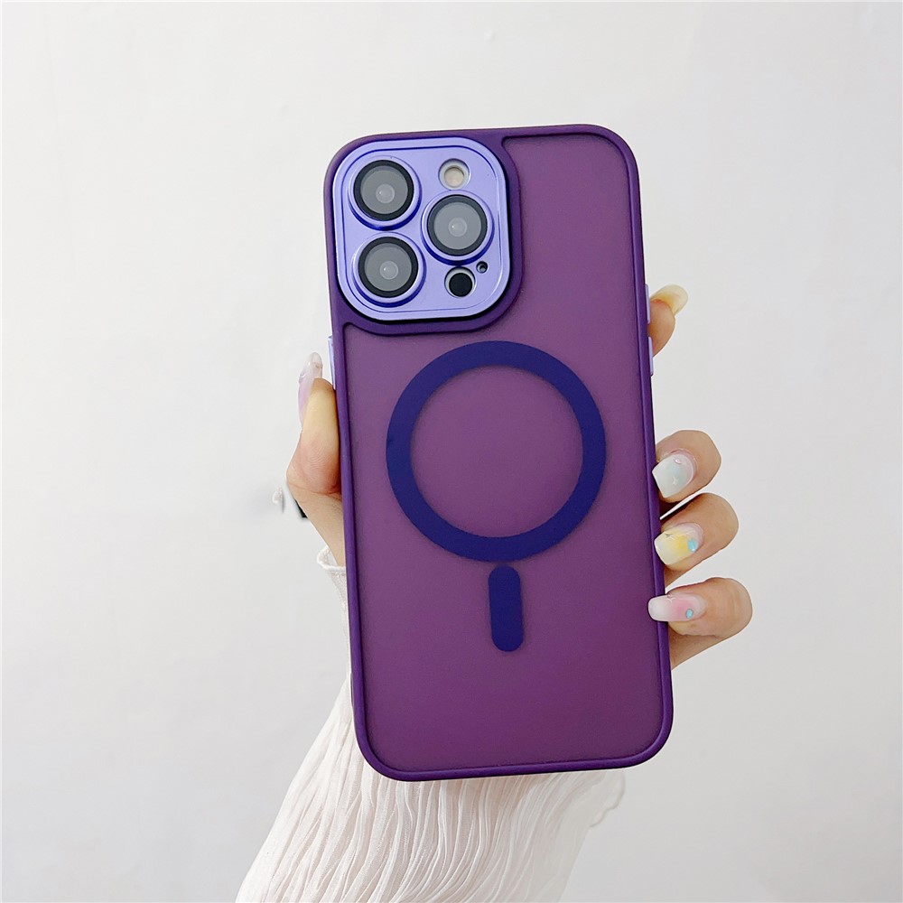 For iPhone 15 Pro Max Magnetic Case with Lens Film  /  Detachable Lens Frame Hybrid Phone Back Cover - Dark Purple