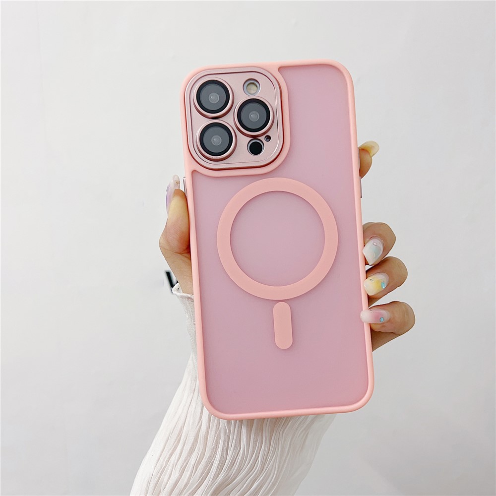 For iPhone 15 Pro Max Magnetic Case with Lens Film  /  Detachable Lens Frame Hybrid Phone Back Cover - Pink