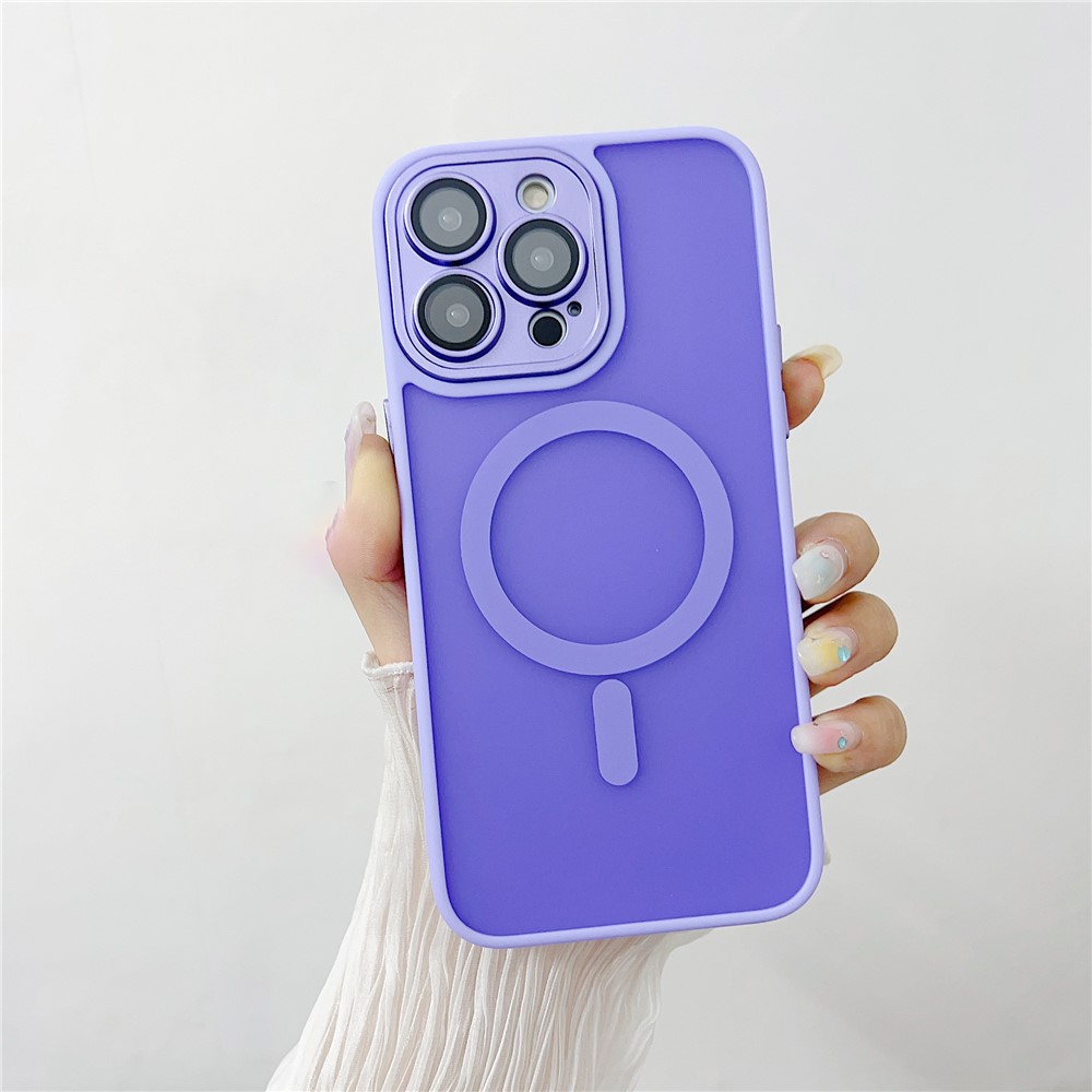 For iPhone 15 Pro Max Magnetic Case with Lens Film  /  Detachable Lens Frame Hybrid Phone Back Cover - Light Purple