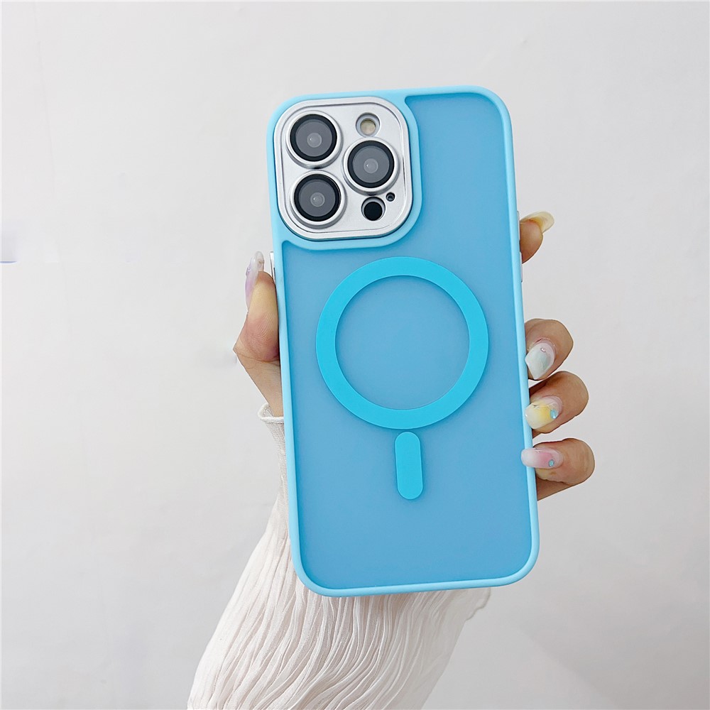 For iPhone 15 Pro Max Magnetic Case with Lens Film  /  Detachable Lens Frame Hybrid Phone Back Cover - Baby Blue