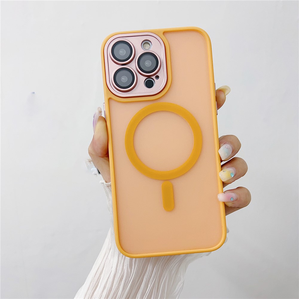 For iPhone 14 Pro Max Magnetic Case with Lens Film / Detachable Lens Frame Hybrid Phone Back Cover - Orange
