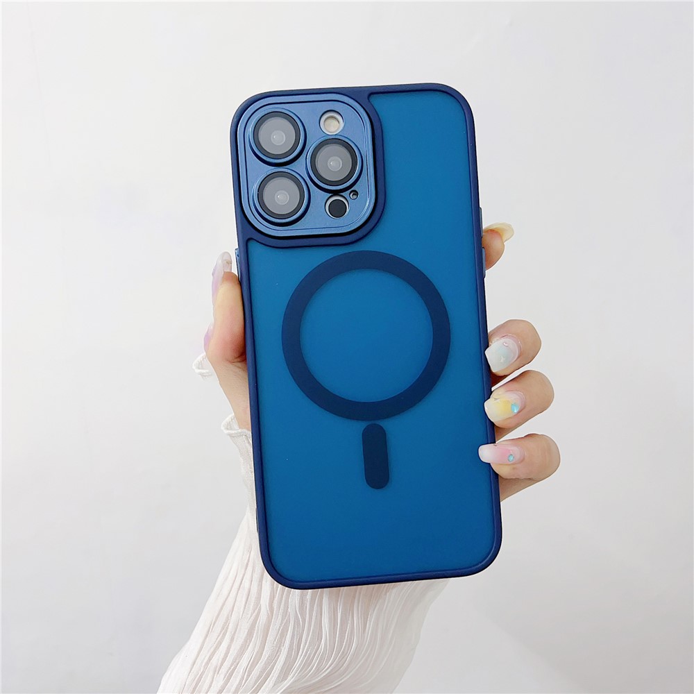 For iPhone 14 Pro Max Magnetic Case with Lens Film / Detachable Lens Frame Hybrid Phone Back Cover - Dark Blue