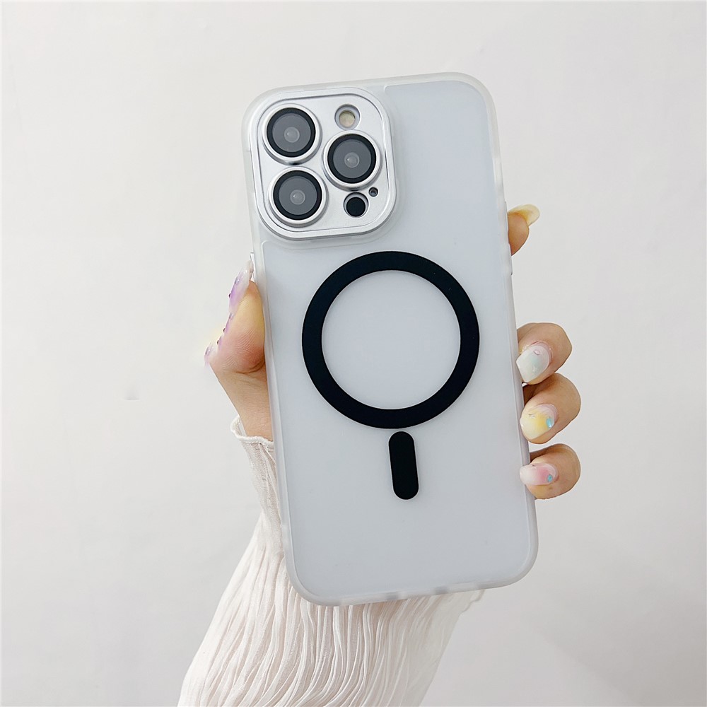 For iPhone 14 Pro Max Magnetic Case with Lens Film / Detachable Lens Frame Hybrid Phone Back Cover - Black  /  White