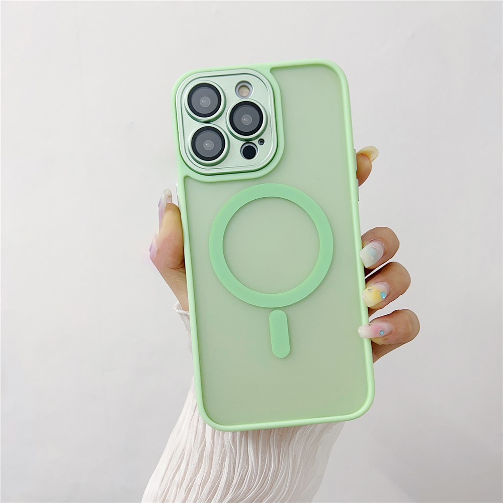 For iPhone 14 Pro Magnetic Case with Lens Film / Detachable Lens Frame Hybrid Phone Back Cover - Mint Green