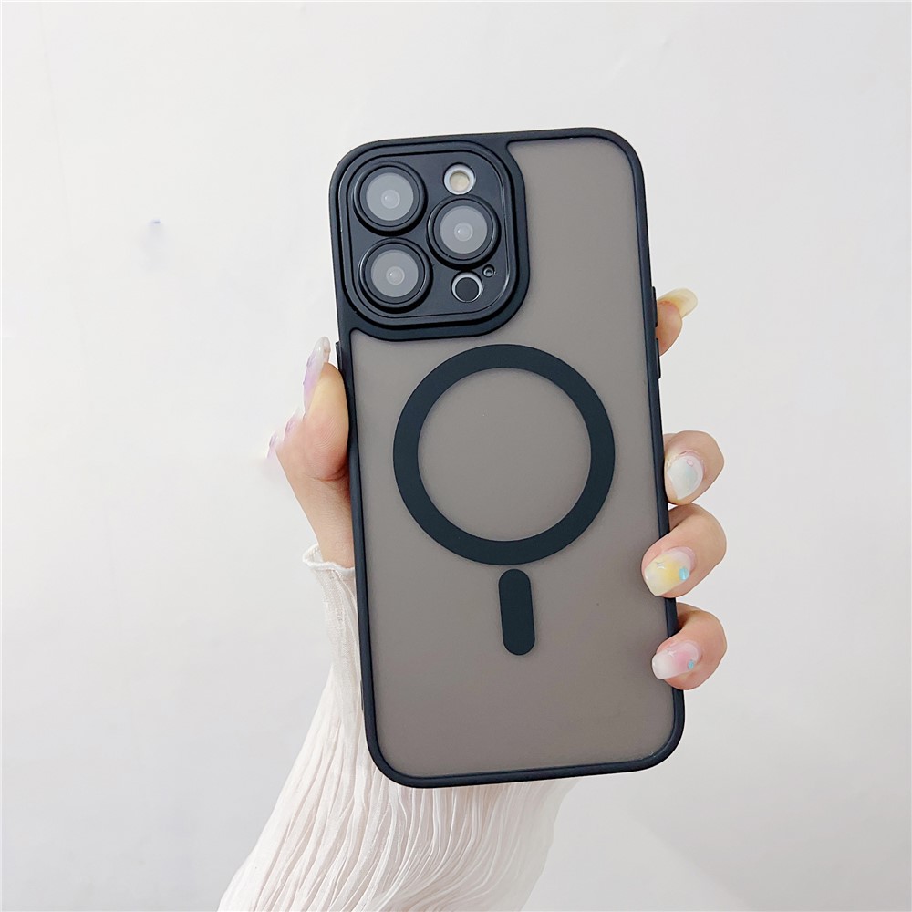 For iPhone 14 Pro Magnetic Case with Lens Film / Detachable Lens Frame Hybrid Phone Back Cover - Black