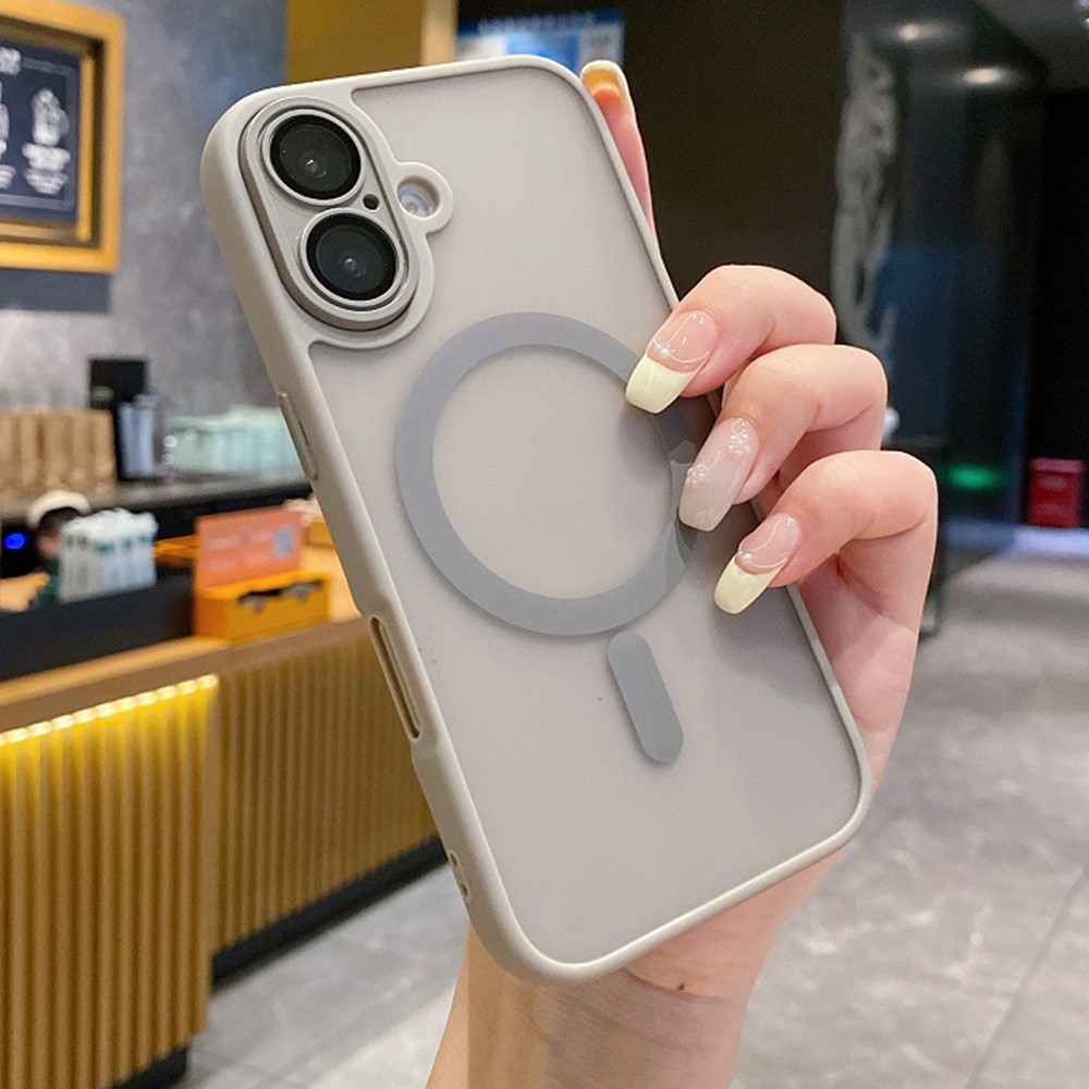 For iPhone 16 Plus Magnetic Case with Lens Film  /  Detachable Lens Frame Hybrid Phone Back Cover - Grey