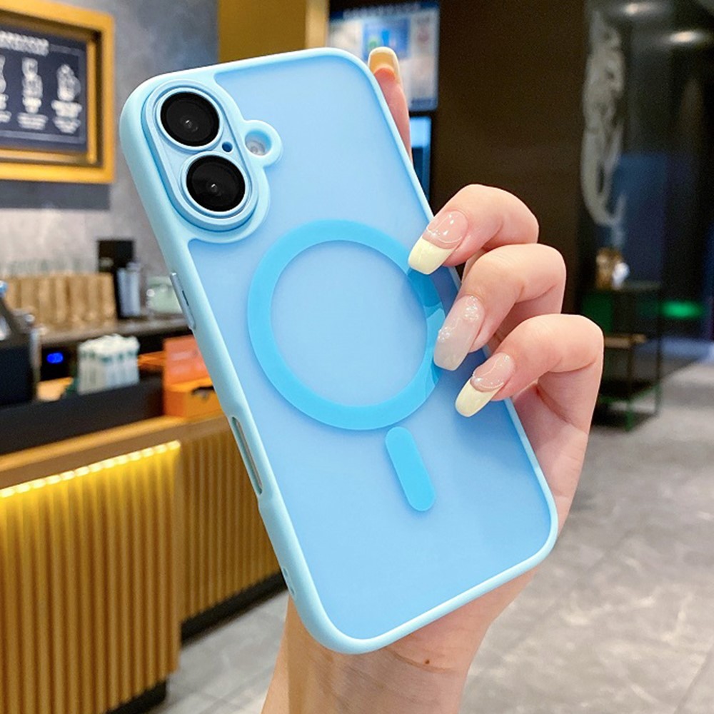 For iPhone 16 Plus Magnetic Case with Lens Film  /  Detachable Lens Frame Hybrid Phone Back Cover - Baby Blue