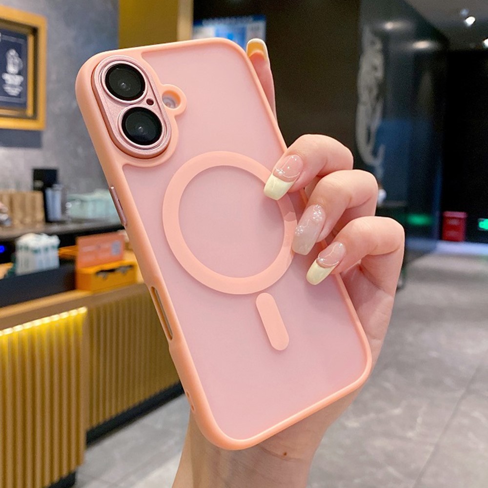 For iPhone 16 Plus Magnetic Case with Lens Film  /  Detachable Lens Frame Hybrid Phone Back Cover - Pink