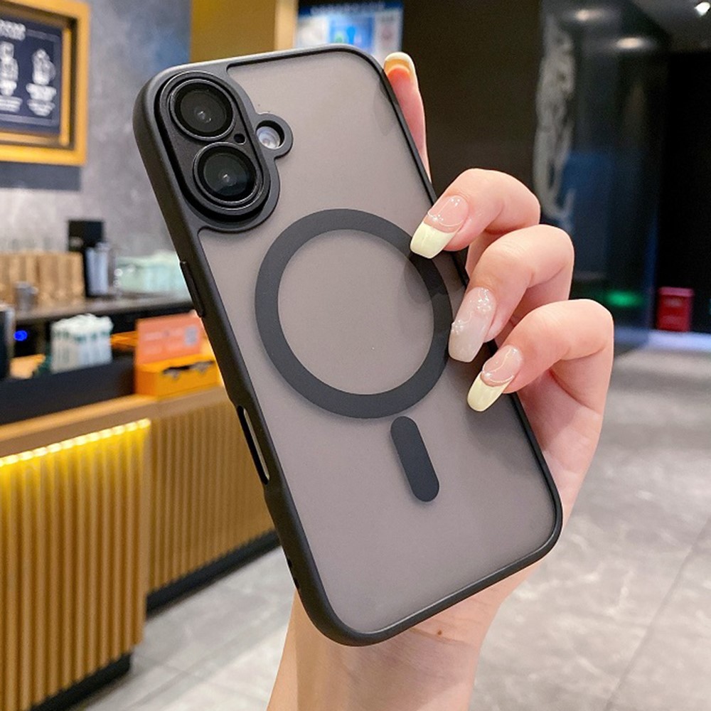 For iPhone 16 Plus Magnetic Case with Lens Film  /  Detachable Lens Frame Hybrid Phone Back Cover - Black