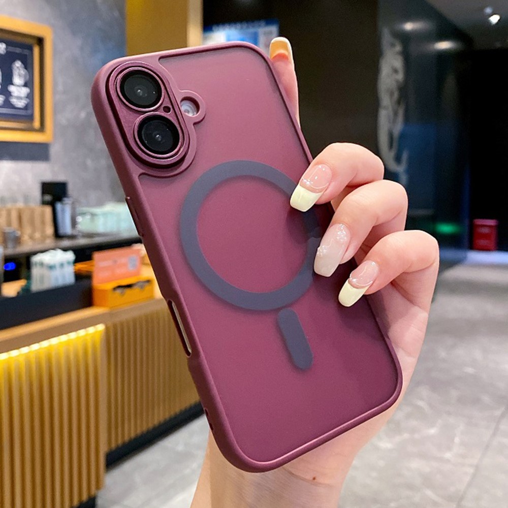 For iPhone 16 Plus Magnetic Case with Lens Film / Detachable Lens Frame Hybrid Phone Back Cover - Wine Red