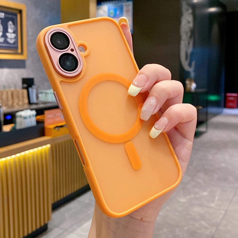 For iPhone 16 Plus Magnetic Case with Lens Film / Detachable Lens Frame Hybrid Phone Back Cover - Orange