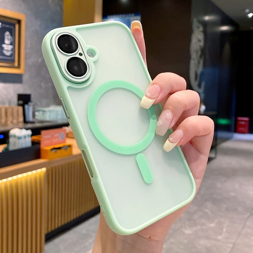 For iPhone 16 Plus Magnetic Case with Lens Film / Detachable Lens Frame Hybrid Phone Back Cover - Mint Green