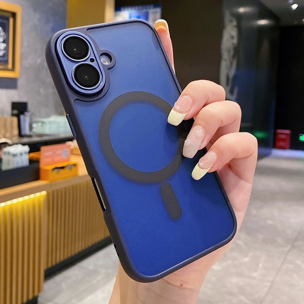 For iPhone 16 Plus Magnetic Case with Lens Film / Detachable Lens Frame Hybrid Phone Back Cover - Dark Blue