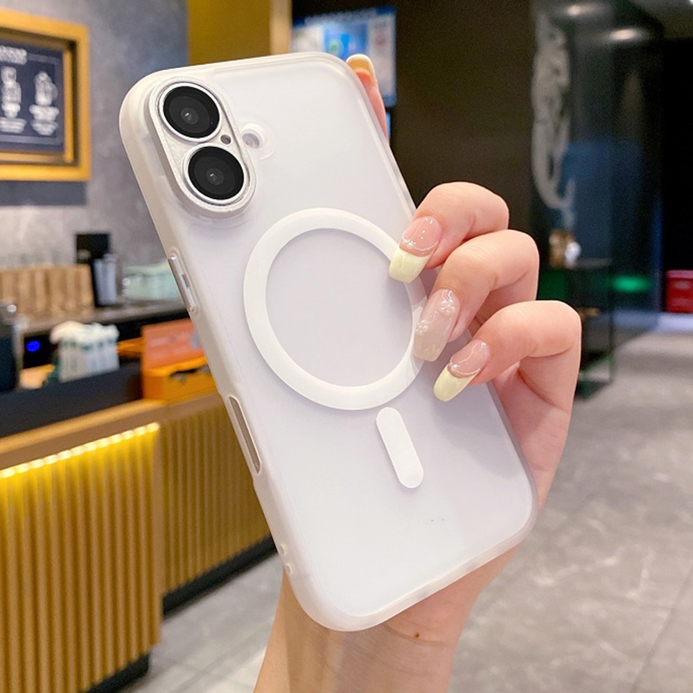 For iPhone 16 Plus Magnetic Case with Lens Film / Detachable Lens Frame Hybrid Phone Back Cover - Transparent White