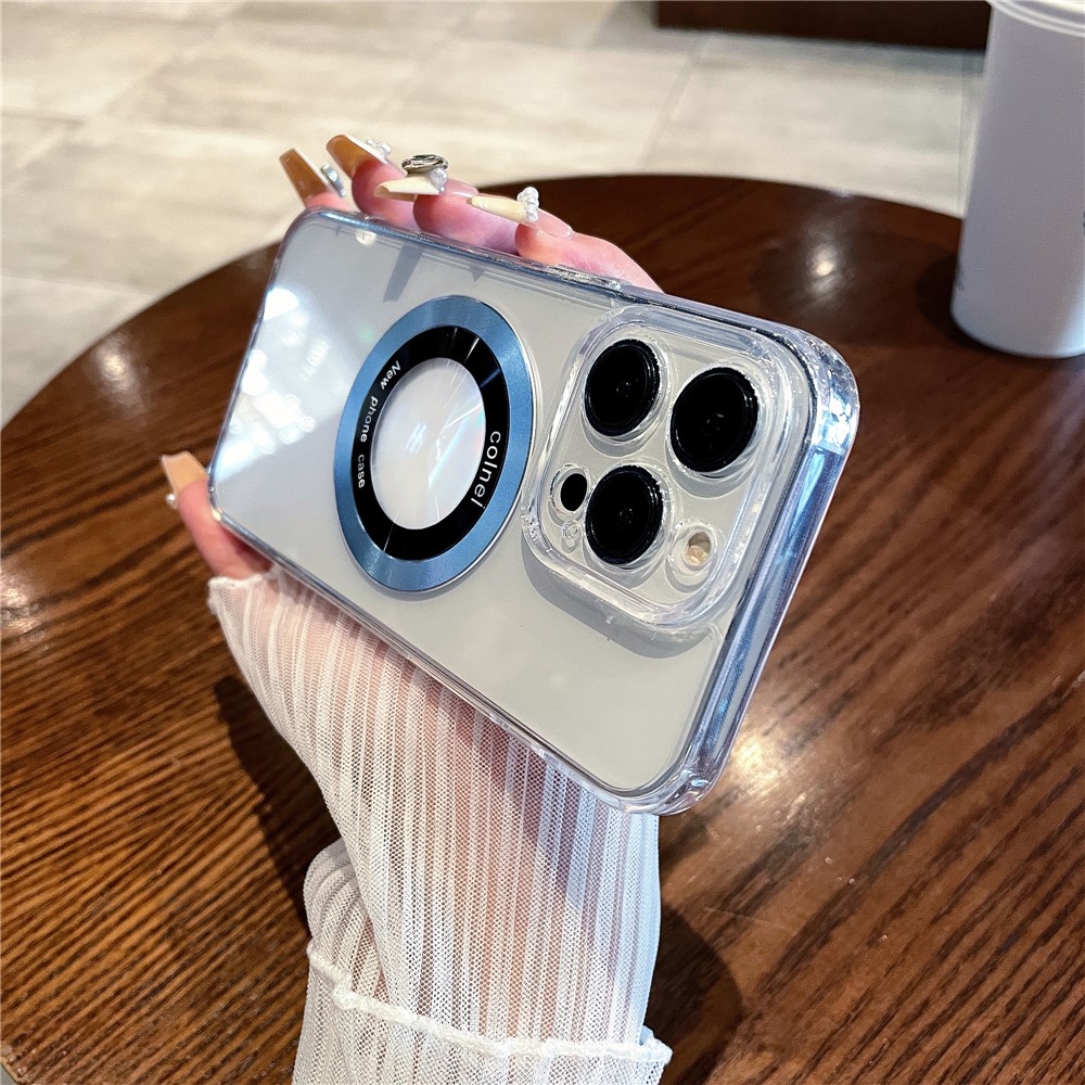 For iPhone 14 Pro Magnetic Case Clear Back Phone Cover TPU + PC with Ring Logo View - Blue