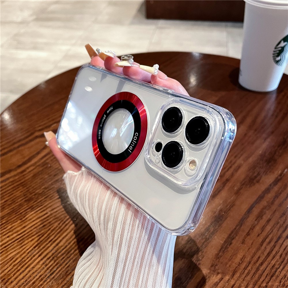 For iPhone 15 Pro Max Magnetic Case Clear Back Phone Cover TPU + PC with Ring Logo View - Red