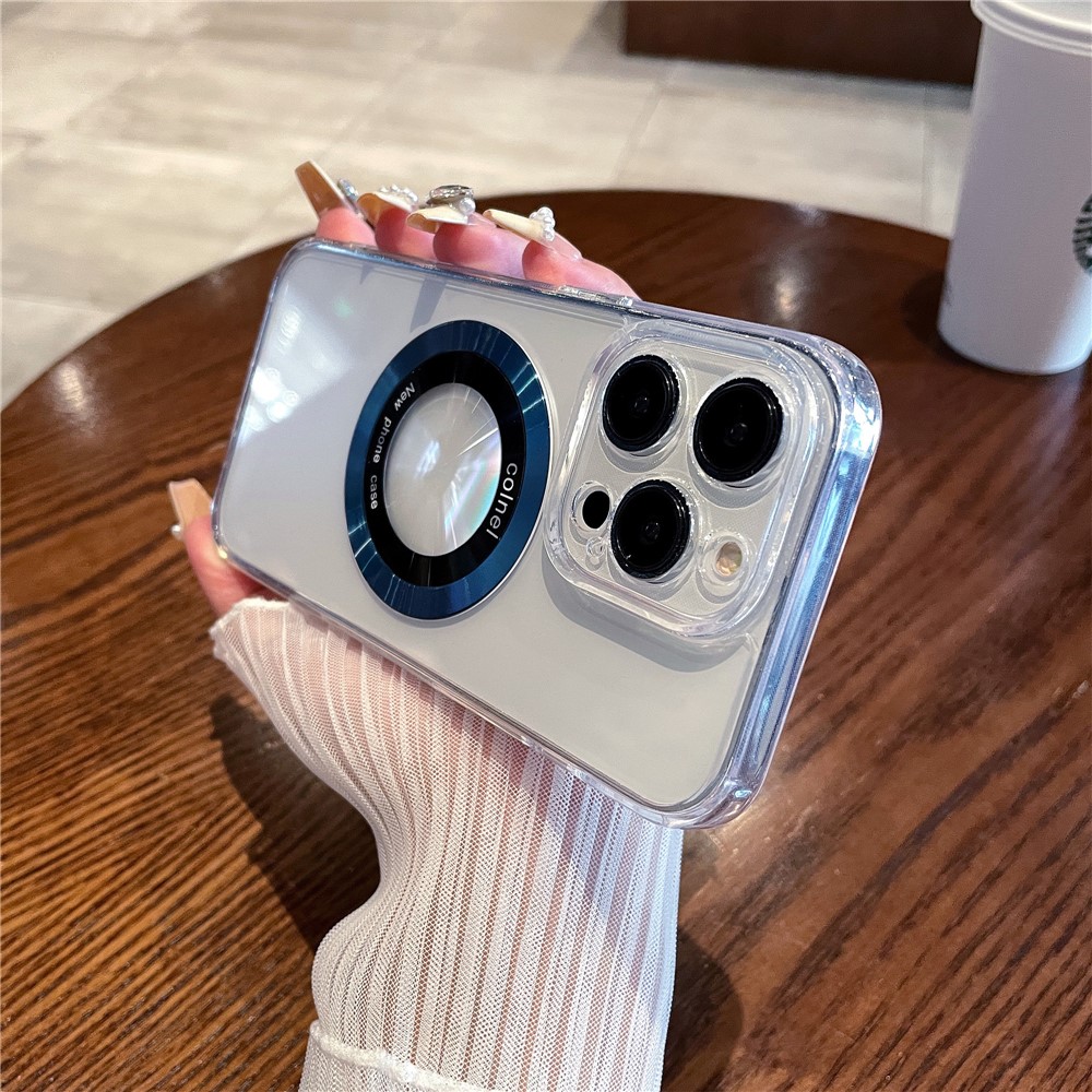 For iPhone 15 Pro Max Magnetic Case Clear Back Phone Cover TPU + PC with Ring Logo View - Navy Blue