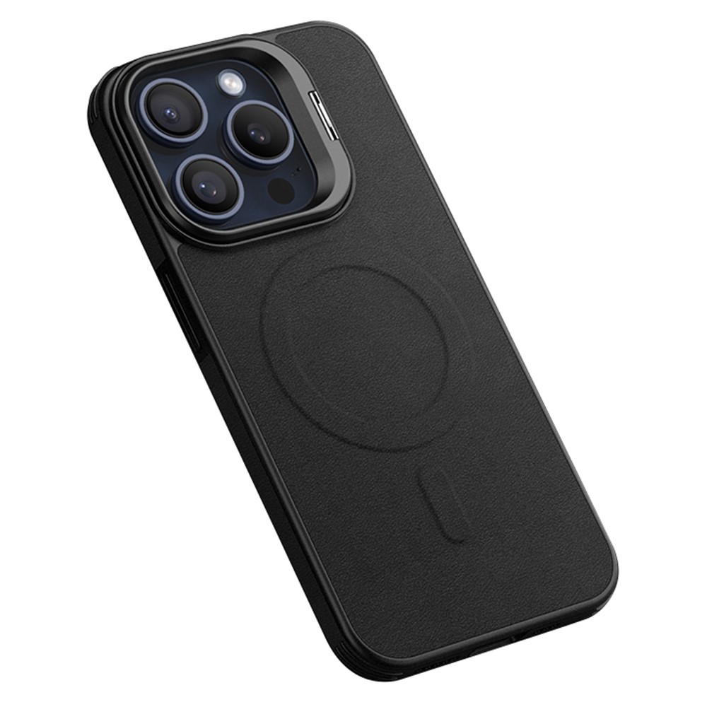 For iPhone 15 Pro Magnetic Case with Lens Kickstand Leather Phone Back Cover - Black
