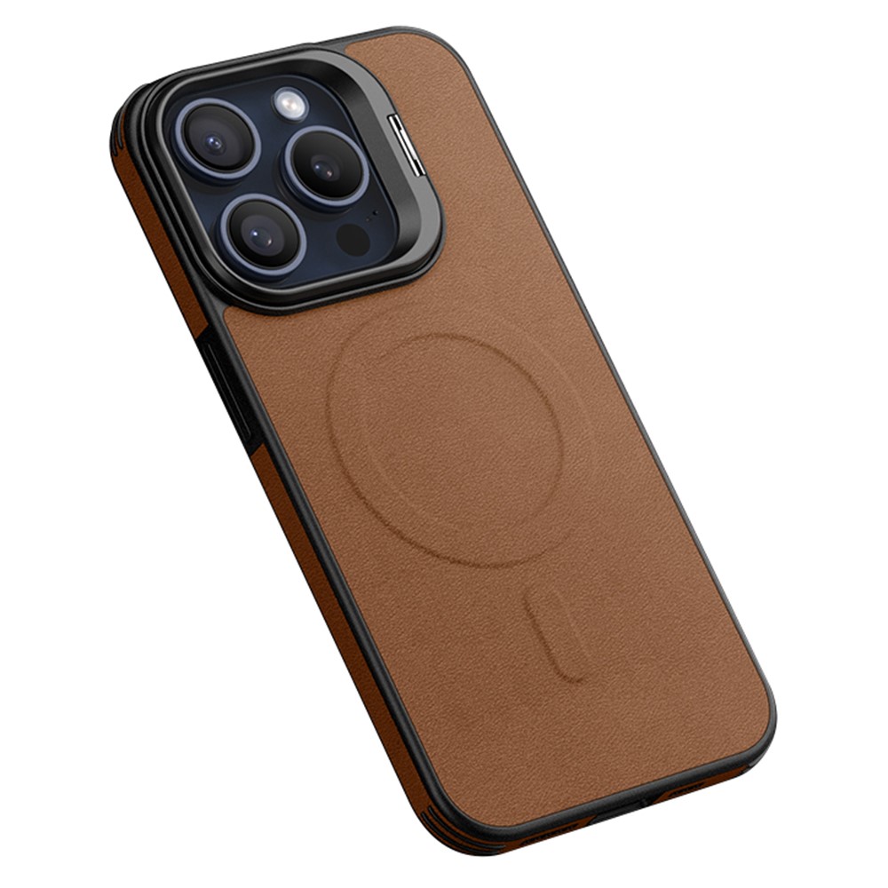 For iPhone 15 Pro Magnetic Case with Lens Kickstand Leather Phone Back Cover - Brown