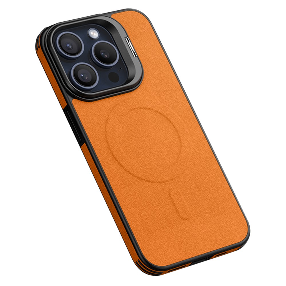 For iPhone 15 Pro Max Magnetic Case with Lens Kickstand Leather Phone Back Cover - Orange