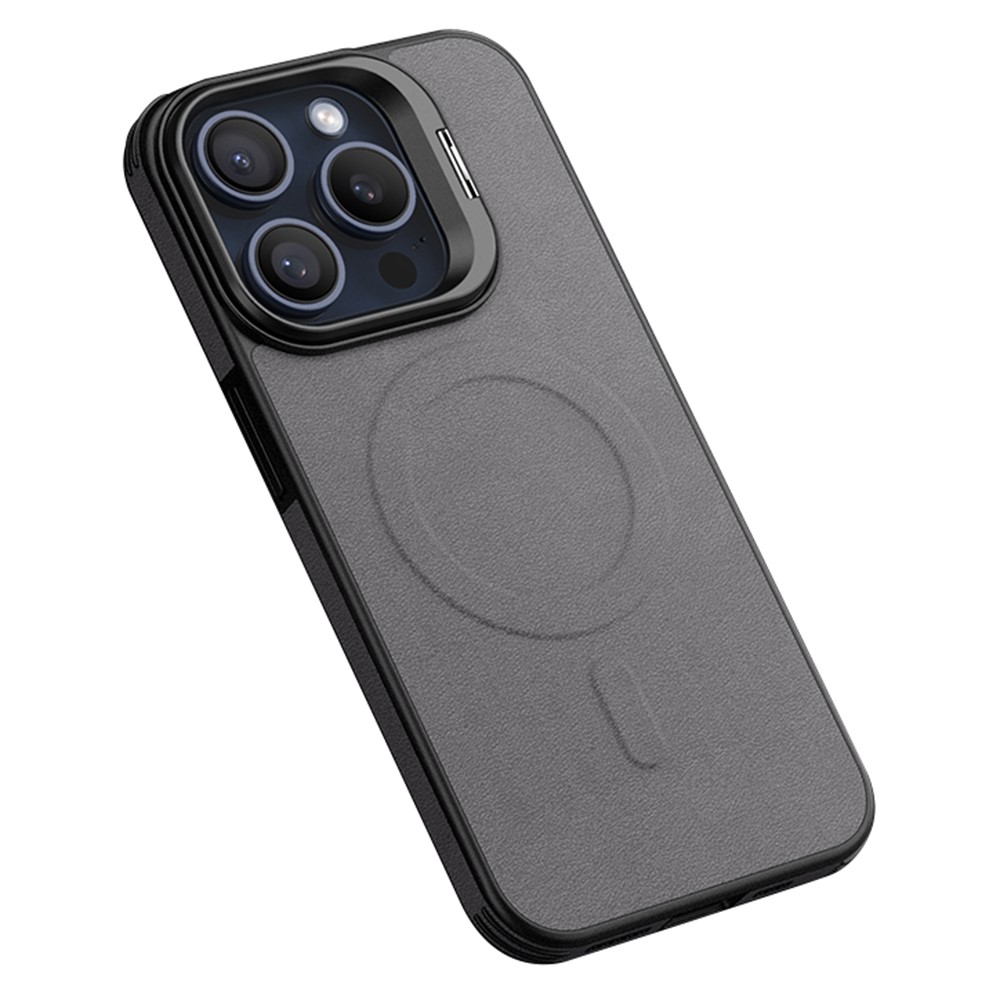 For iPhone 15 Pro Max Magnetic Case with Lens Kickstand Leather Phone Back Cover - Grey