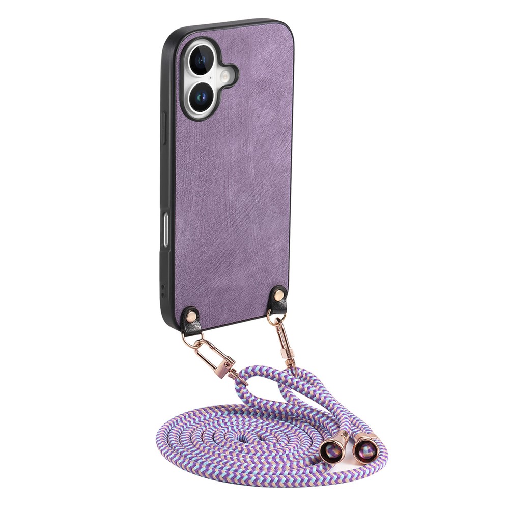 For iPhone 16 Plus Retro Leather Phone Back Cover with Adjustable Strap - Purple