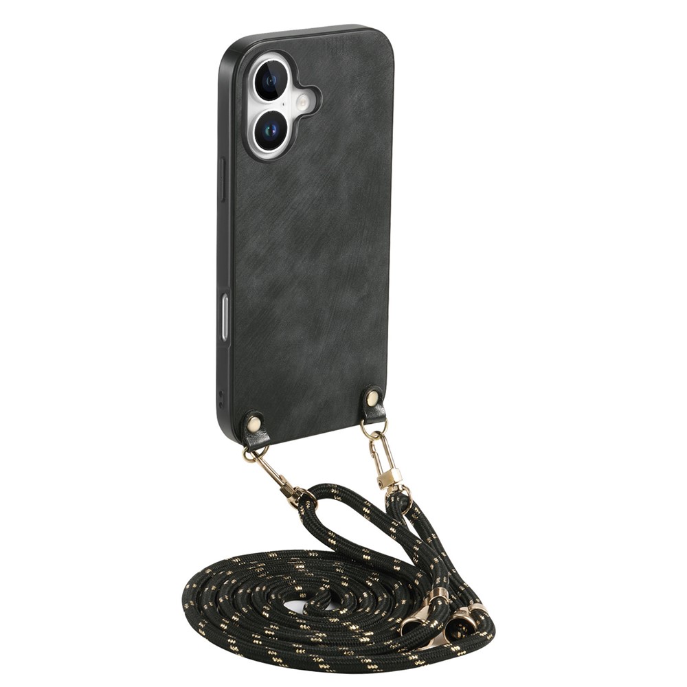 For iPhone 16 Plus Retro Leather Phone Back Cover with Adjustable Strap - Black
