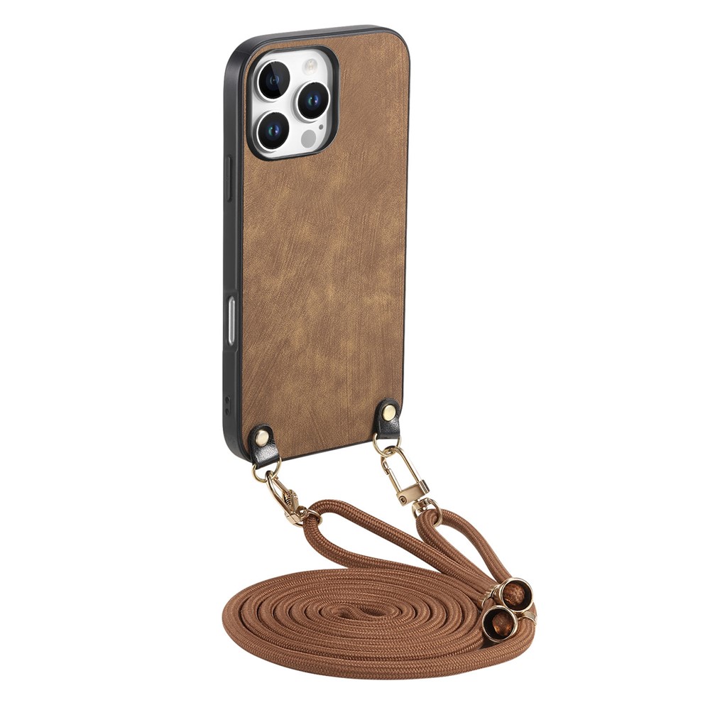 For iPhone 16 Pro Retro Leather Phone Back Cover with Adjustable Strap - Brown